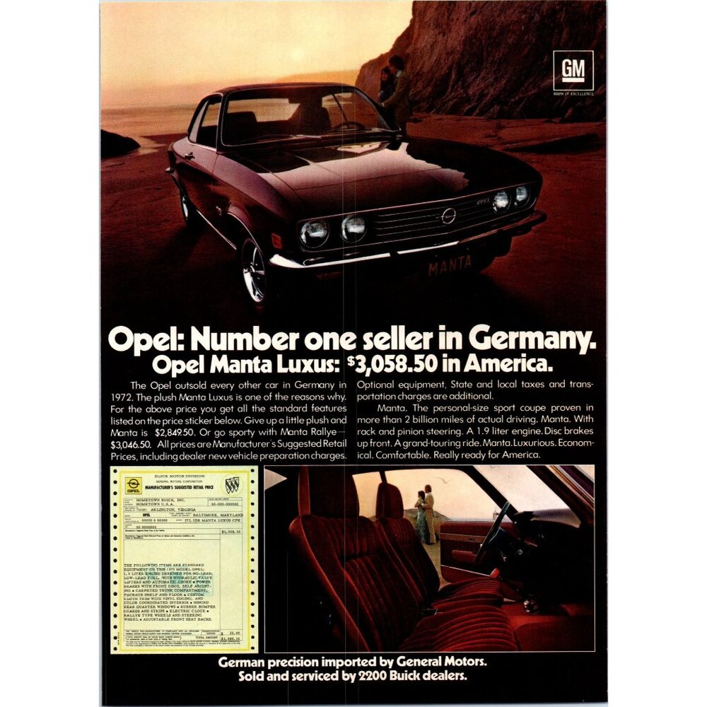 1973 Opel Manta Luxus Sport Coupe Vintage Print Ad Couple on Beach 70s Wall Art